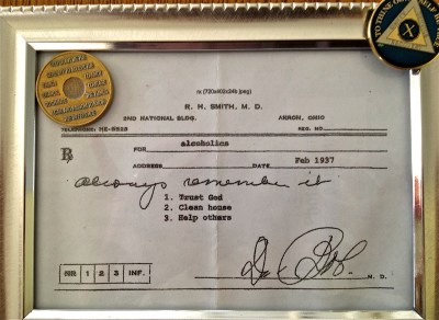 10 year coin and copy of AA founder's actual prescription to his patients.