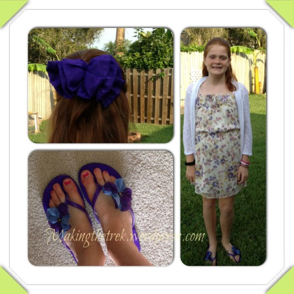 Our oldest girl and her VERY purple shoes (Kohl's) and matching hair bow (farmer's market)  and Aeropostale dress (thrifted) with my (Kohl's) sweater.