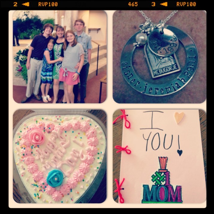 Mom's photo after Mass, my awesome necklace, cake and card.