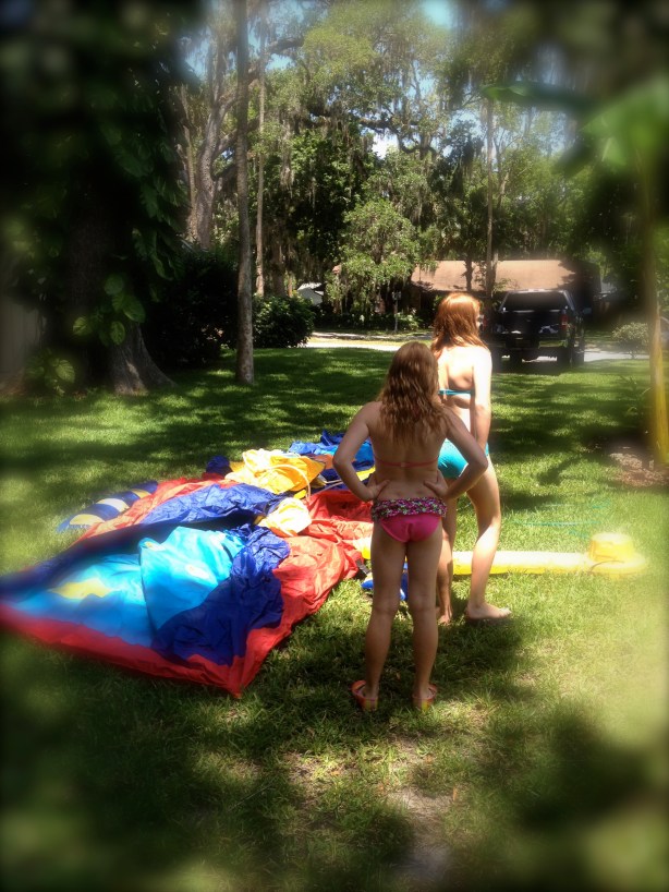 The blowing up of the trusty water slide